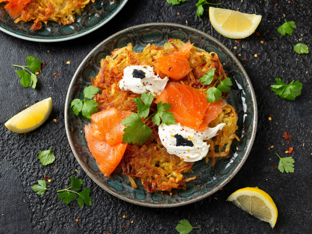 Plate of salmon and potato pancakes for Rioja Holidays