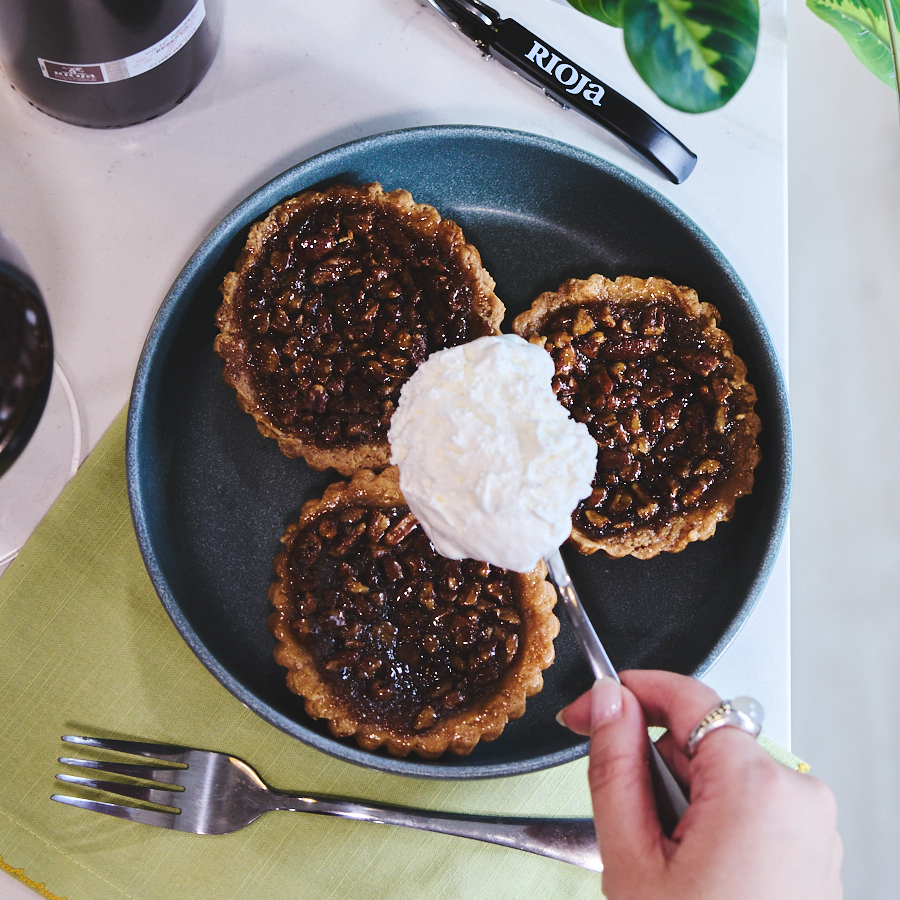 Overhead shot of 3 little pecan pies