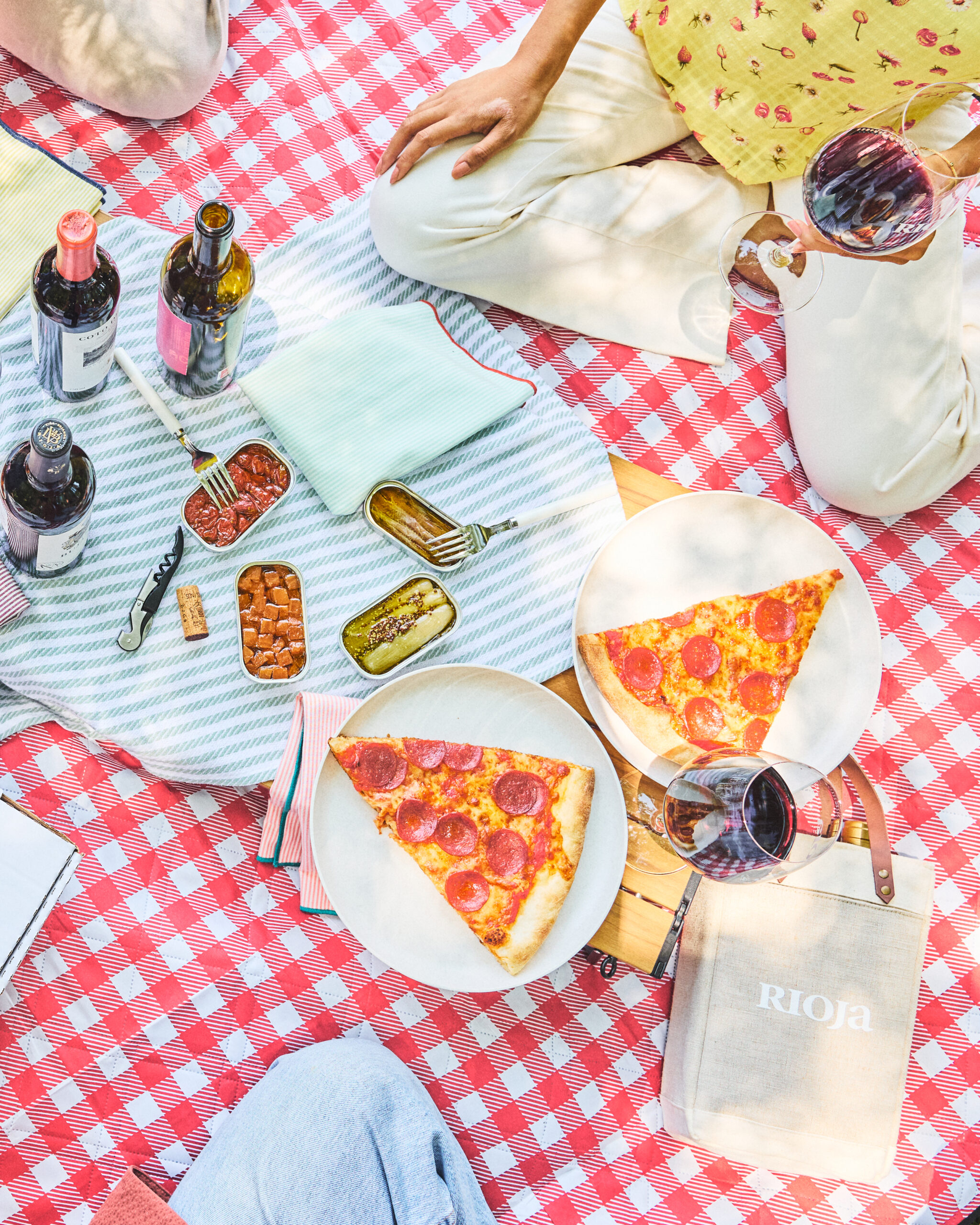 Overhead shot of pizza and rioja wine pairing